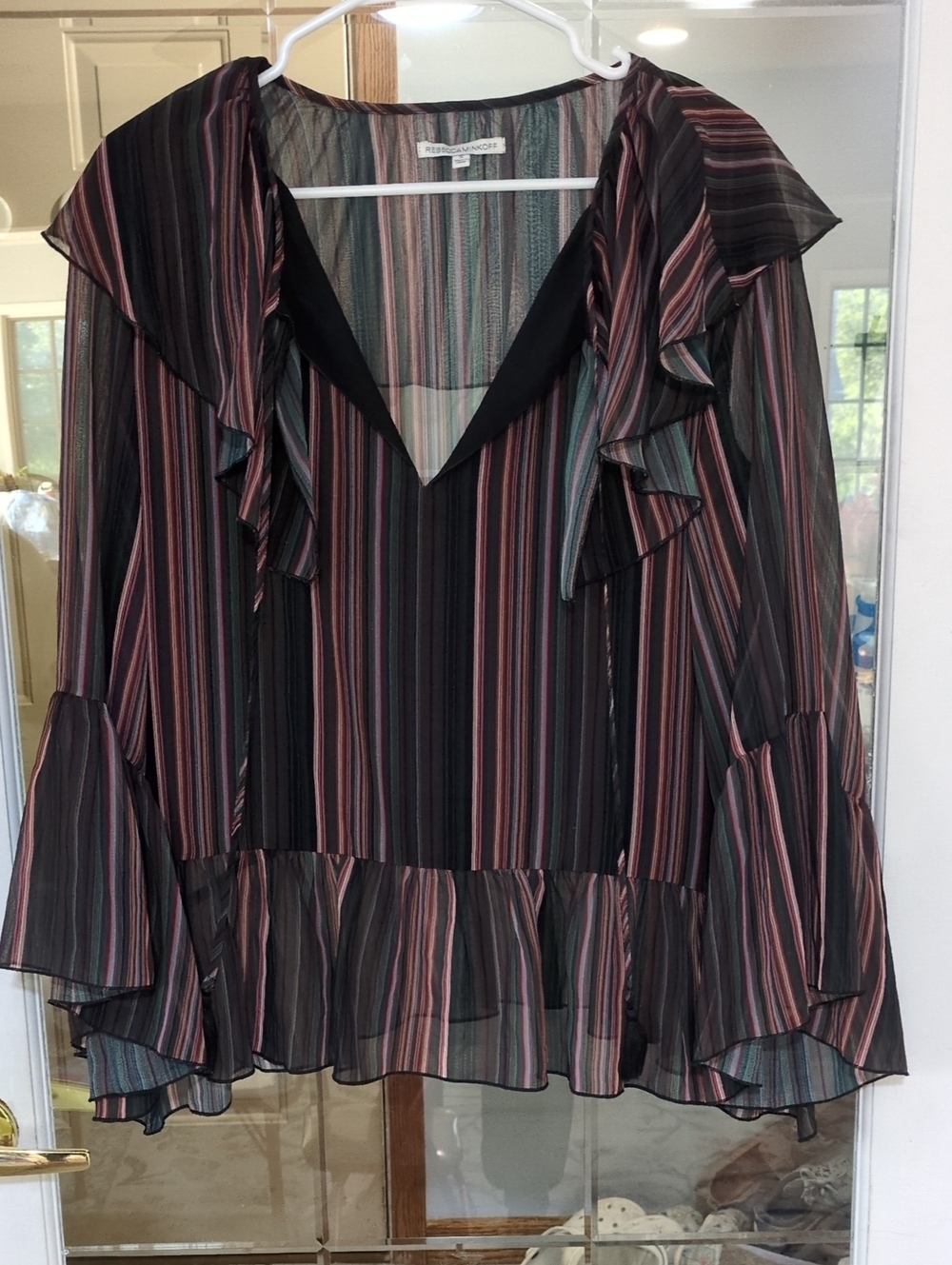 Rebecca Minkoff Black Multi-Stripe Ruffle Blouse
